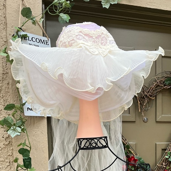 Elegant White Lace Wedding Hat with Veil cream flowers OS main image 2